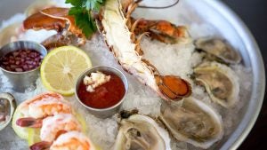 fresh prawns and oysters with garnishes